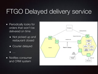 FTGO Delayed delivery service
Periodically looks for
orders that won’t be
delivered on time
Not picked up and
restaurant closed
Courier delayed
…
Notiﬁes consumer
and CRM system
getDelayedOrders()
Notiﬁcation
Service
CRM system
Send
apology
notiﬁcation
create case
REST
API
???
Delayed Order Service
«stereotype»
Order
«entity»
Restaurant
«entity»
OpeningHours
«entity»
Notiﬁcation
API gateway
«repository»
Customer
ContactInfo
Repository
Monolith
???
REST
API
«Service»
DelayedDelivery
Service
Integration glue
Need to design
 
