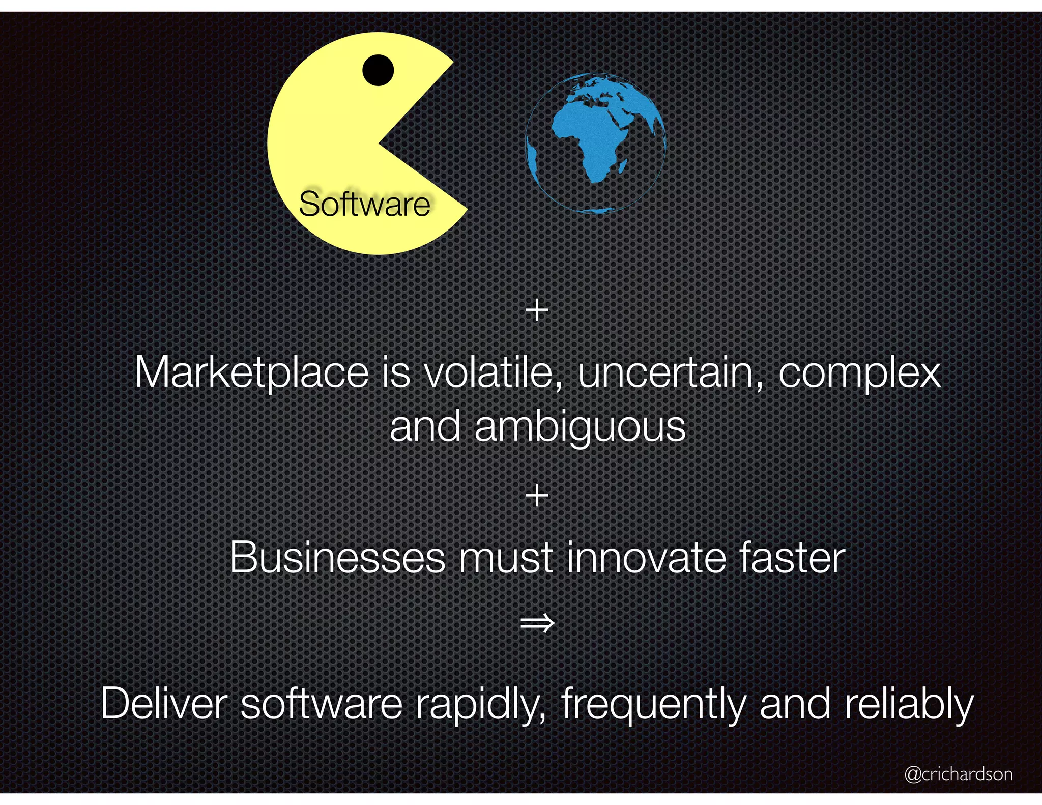@crichardson + Marketplace is volatile, uncertain, complex and ambiguous + Businesses must innovate faster Deliver software rapidly, frequently and reliably Software 