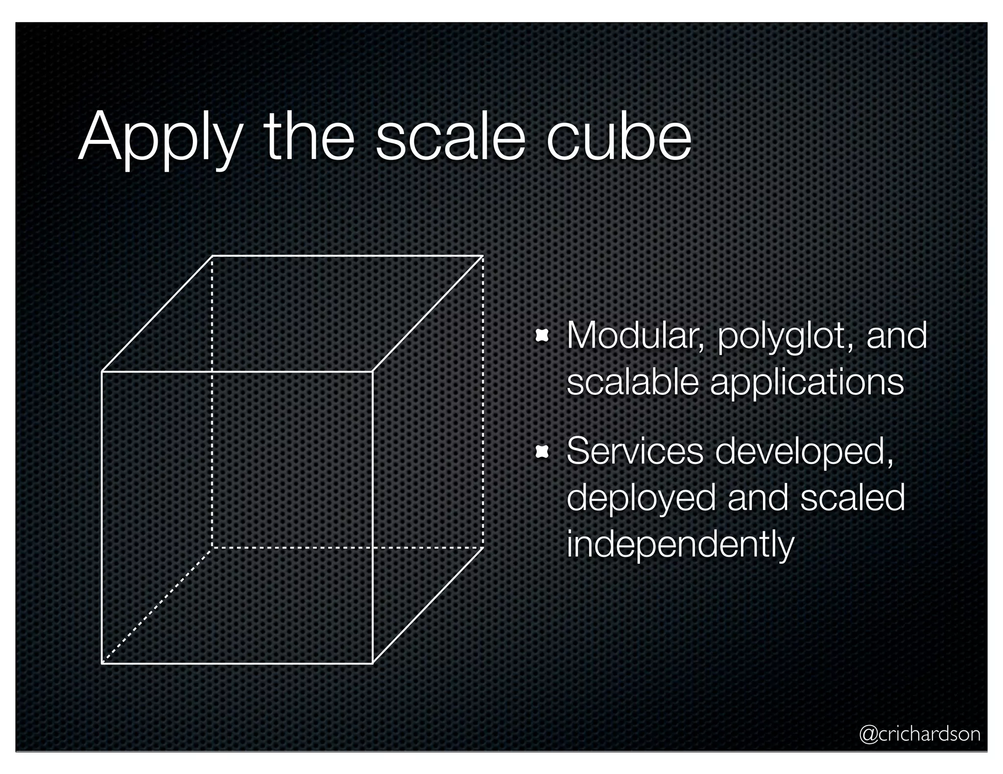 @crichardson Apply the scale cube Modular, polyglot, and scalable applications Services developed, deployed and scaled independently 