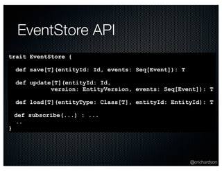 @crichardson
EventStore API
trait EventStore {
def save[T](entityId: Id, events: Seq[Event]): T
def update[T](entityId: Id...