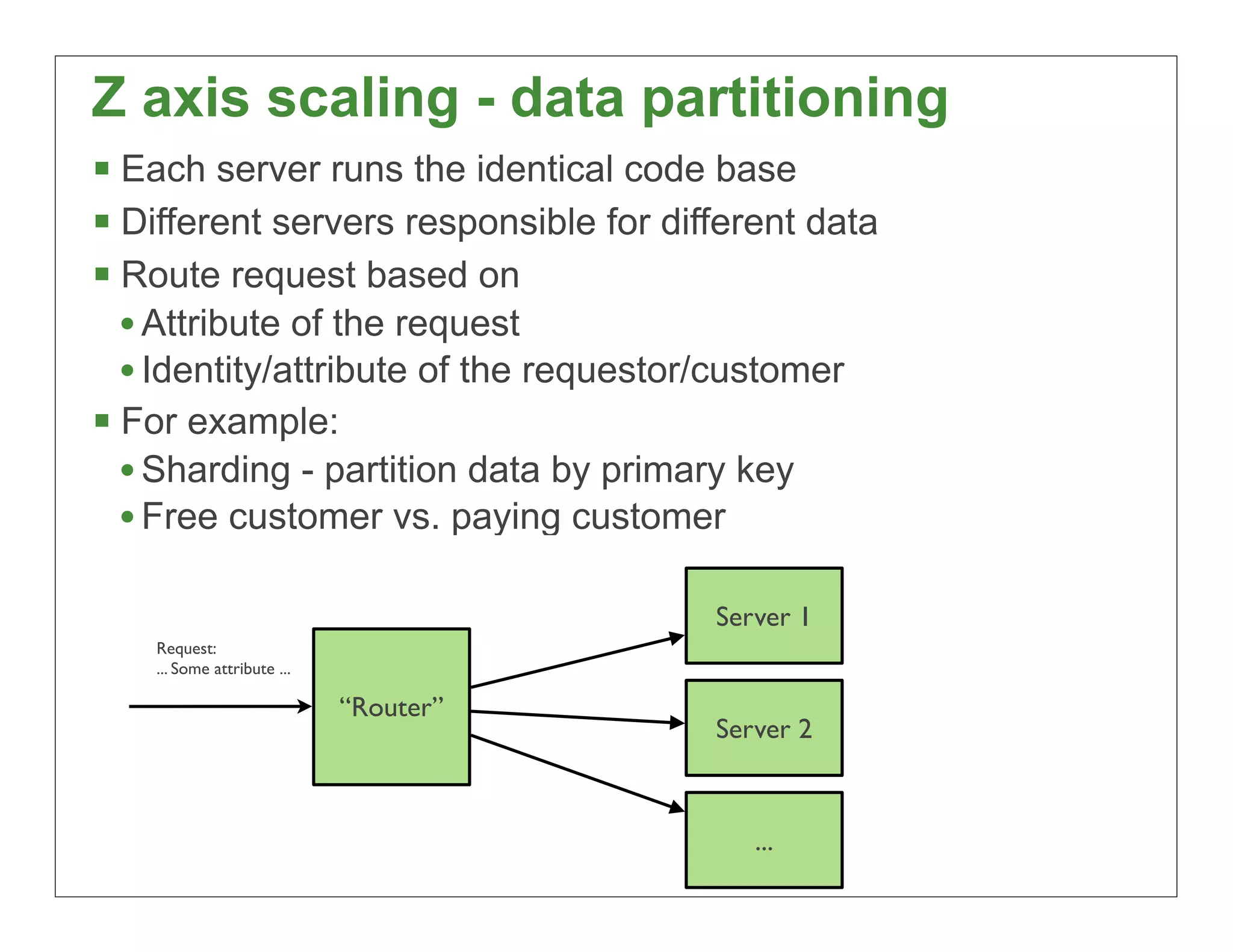 Z axis scaling - data partitioning
§ Each server runs the identical code base
§ Different servers responsible for different data
§ Route request based on
   • Attribute of the request
   • Identity/attribute of the requestor/customer
§ For example:
   • Sharding - partition data by primary key
   • Free customer vs. paying customer

                                        Server 1
    Request:
    ... Some attribute ...

                             “Router”
                                        Server 2



                                           ...
                                                      25
 