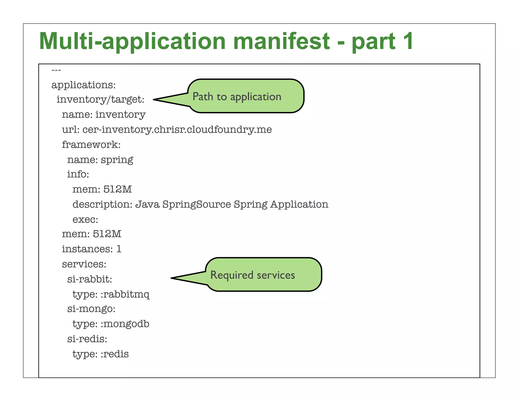 Multi-application manifest - part 1
 ---
 applications:
   inventory/target:            Path to application
     name: inventory
     url: cer-inventory.chrisr.cloudfoundry.me
     framework:
      name: spring
      info:
       mem: 512M
       description: Java SpringSource Spring Application
       exec:
     mem: 512M
     instances: 1
     services:
      si-rabbit:                   Required services
       type: :rabbitmq
      si-mongo:
       type: :mongodb
      si-redis:
       type: :redis
                                                           83
 