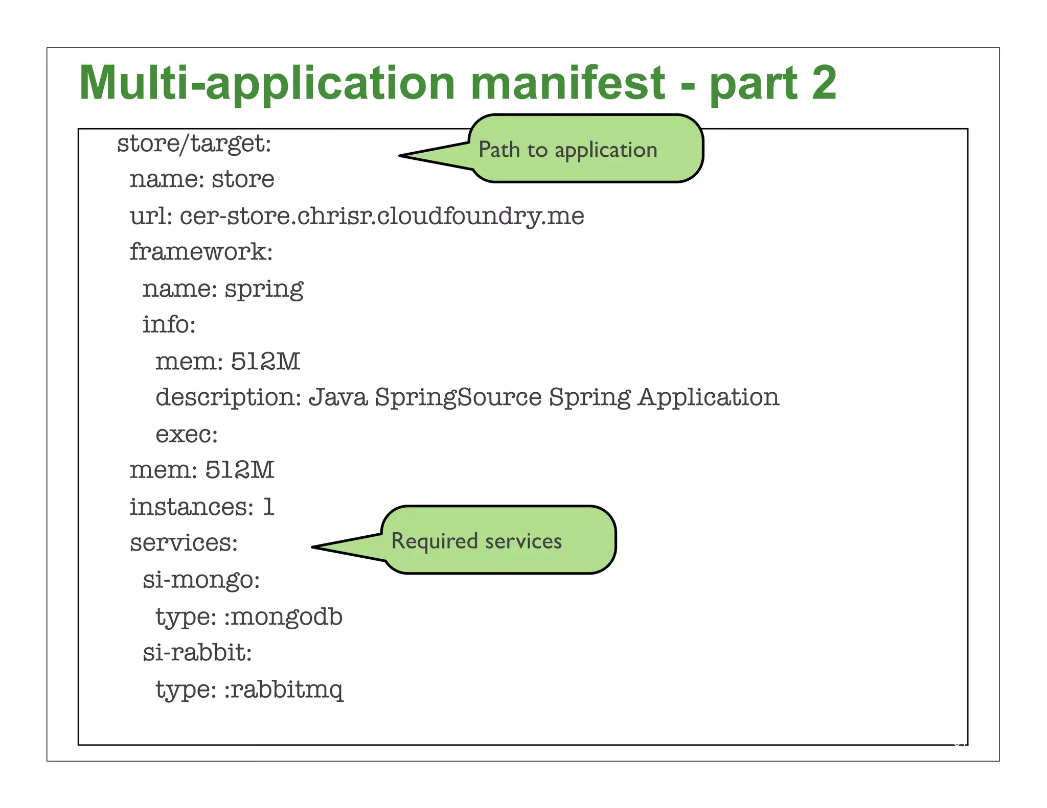 Multi-application manifest - part 2
 store/target:                   Path to application
  name: store
  url: cer-store.chrisr.cloudfoundry.me
  framework:
   name: spring
   info:
    mem: 512M
    description: Java SpringSource Spring Application
    exec:
  mem: 512M
  instances: 1
  services:              Required services
   si-mongo:
    type: :mongodb
   si-rabbit:
    type: :rabbitmq
                                                        84
 