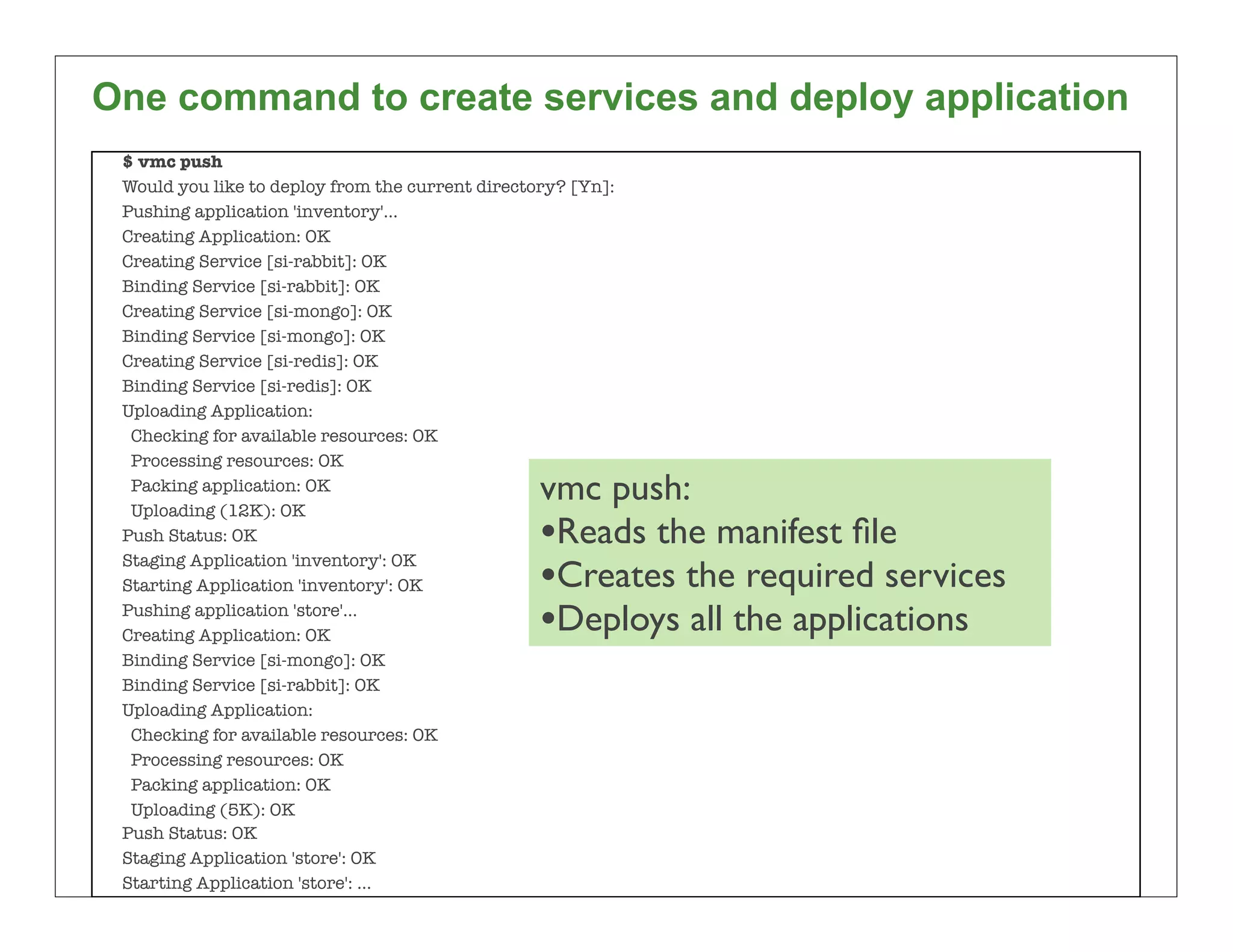 One command to create services and deploy application
 $ vmc push
 Would you like to deploy from the current directory? [Yn]:
 Pushing application 'inventory'...
 Creating Application: OK
 Creating Service [si-rabbit]: OK
 Binding Service [si-rabbit]: OK
 Creating Service [si-mongo]: OK
 Binding Service [si-mongo]: OK
 Creating Service [si-redis]: OK
 Binding Service [si-redis]: OK
 Uploading Application:
  Checking for available resources: OK
  Processing resources: OK
  Packing application: OK
  Uploading (12K): OK
                                                  vmc push:
 Push Status: OK                                  •Reads the manifest ﬁle
                                                  •Creates the required services
 Staging Application 'inventory': OK
 Starting Application 'inventory': OK
 Pushing application 'store'...
 Creating Application: OK                         •Deploys all the applications
 Binding Service [si-mongo]: OK
 Binding Service [si-rabbit]: OK
 Uploading Application:
  Checking for available resources: OK
  Processing resources: OK
  Packing application: OK
  Uploading (5K): OK
 Push Status: OK
 Staging Application 'store': OK
                                                                                   85
 Starting Application 'store': ...
 