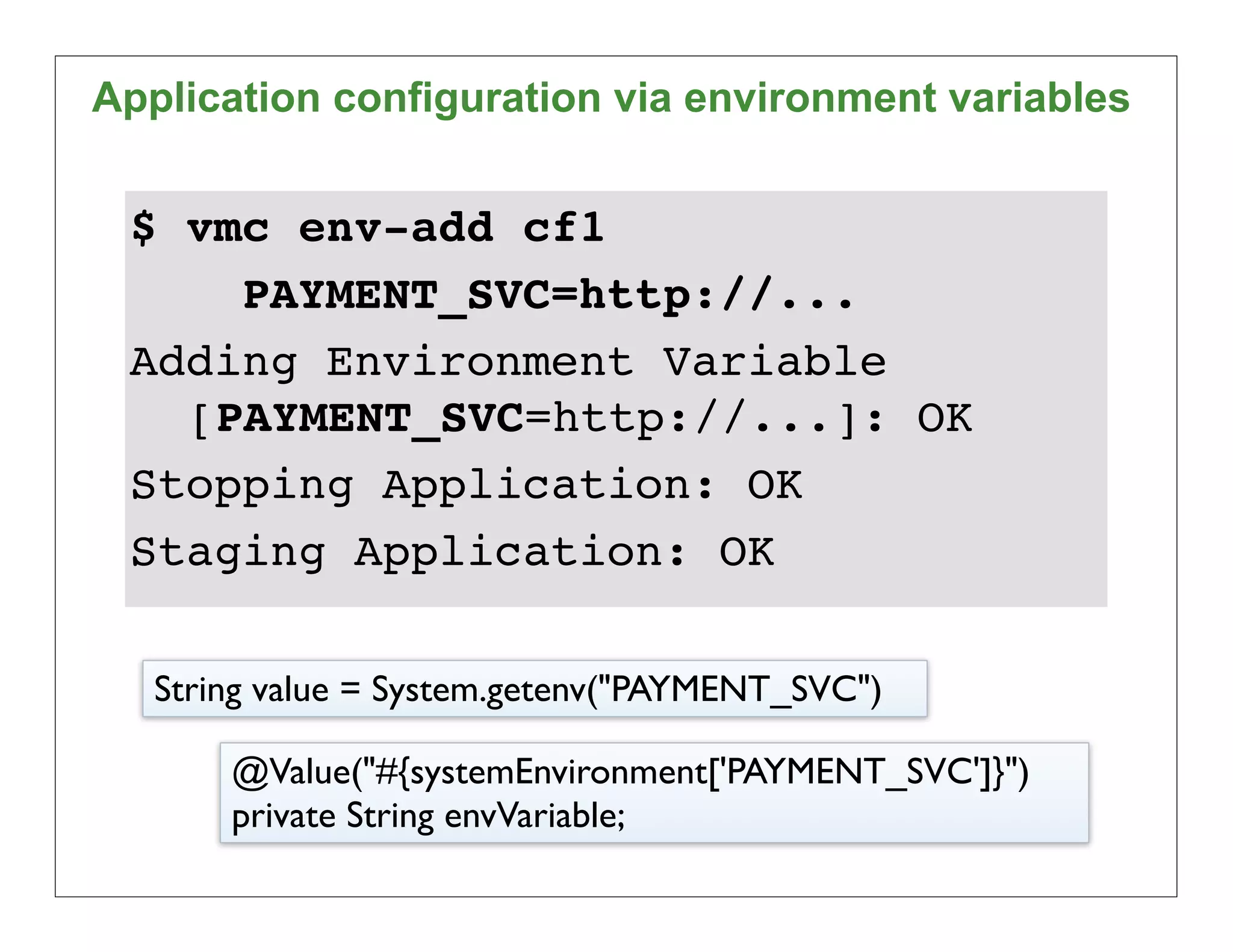 Application configuration via environment variables


 $ vmc env-add cf1
     PAYMENT_SVC=http://...
 Adding Environment Variable
   [PAYMENT_SVC=http://...]: OK
 Stopping Application: OK
 Staging Application: OK

   String value = System.getenv("PAYMENT_SVC")

       @Value("#{systemEnvironment['PAYMENT_SVC']}")
       private String envVariable;
 
