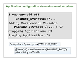 Application configuration via environment variables


 $ vmc env-add cf1
     PAYMENT_SVC=http://...
 Adding Environment V...