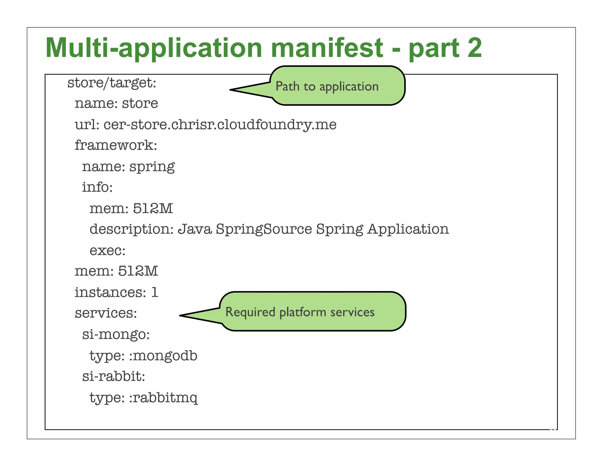 Multi-application manifest - part 2
 store/target:                   Path to application
  name: store
  url: cer-store.chrisr.cloudfoundry.me
  framework:
   name: spring
   info:
    mem: 512M
    description: Java SpringSource Spring Application
    exec:
  mem: 512M
  instances: 1
  services:              Required platform services
   si-mongo:
    type: :mongodb
   si-rabbit:
    type: :rabbitmq
                                                        50
 
