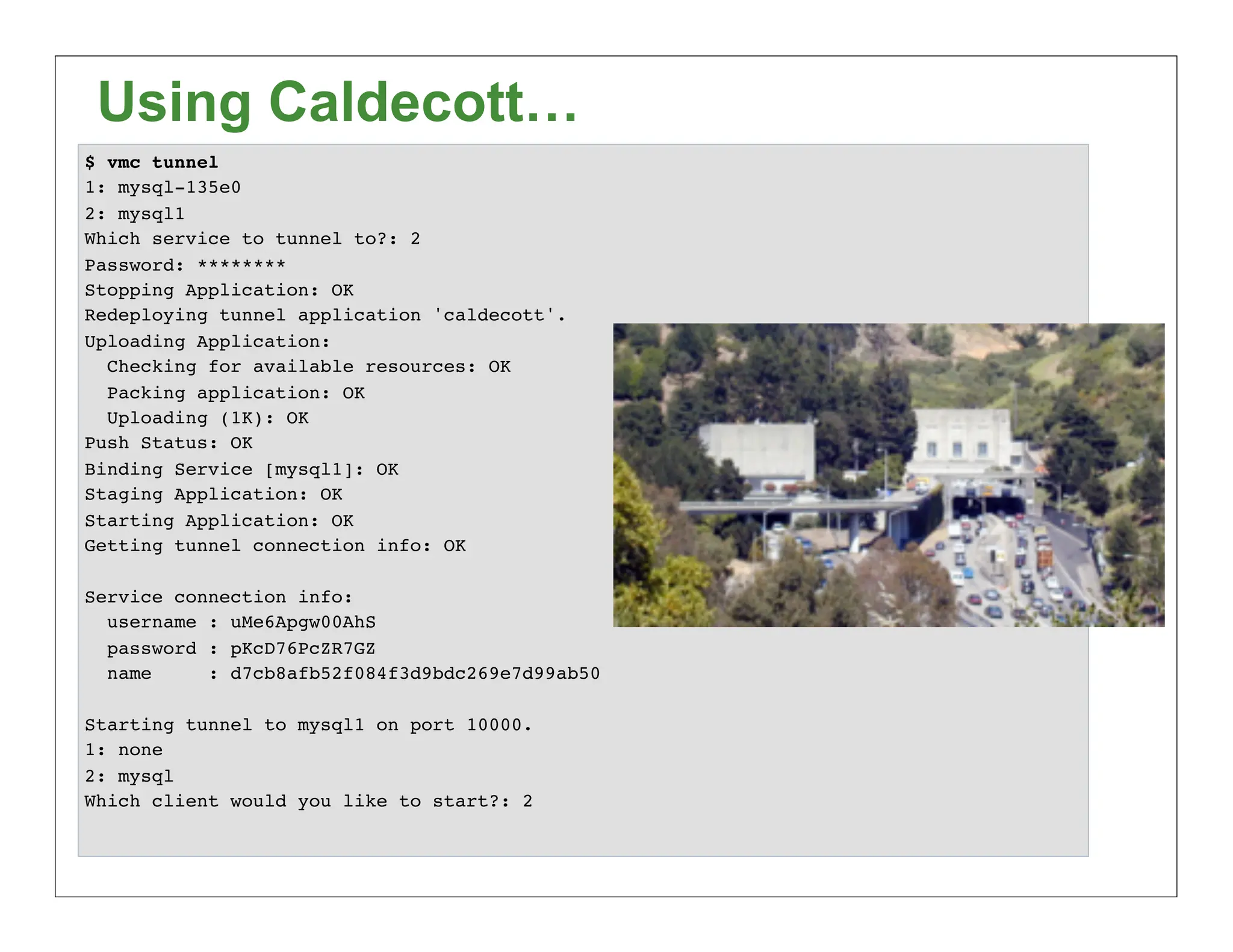 Using Caldecott…
$ vmc tunnel
1: mysql-135e0
2: mysql1
Which service to tunnel to?: 2
Password: ********
Stopping Application: OK
Redeploying tunnel application 'caldecott'.
Uploading Application:
  Checking for available resources: OK
  Packing application: OK
  Uploading (1K): OK
Push Status: OK
Binding Service [mysql1]: OK
Staging Application: OK
Starting Application: OK
Getting tunnel connection info: OK

Service connection info:
  username : uMe6Apgw00AhS
  password : pKcD76PcZR7GZ
  name     : d7cb8afb52f084f3d9bdc269e7d99ab50

Starting tunnel to mysql1 on port 10000.
1: none
2: mysql
Which client would you like to start?: 2
 