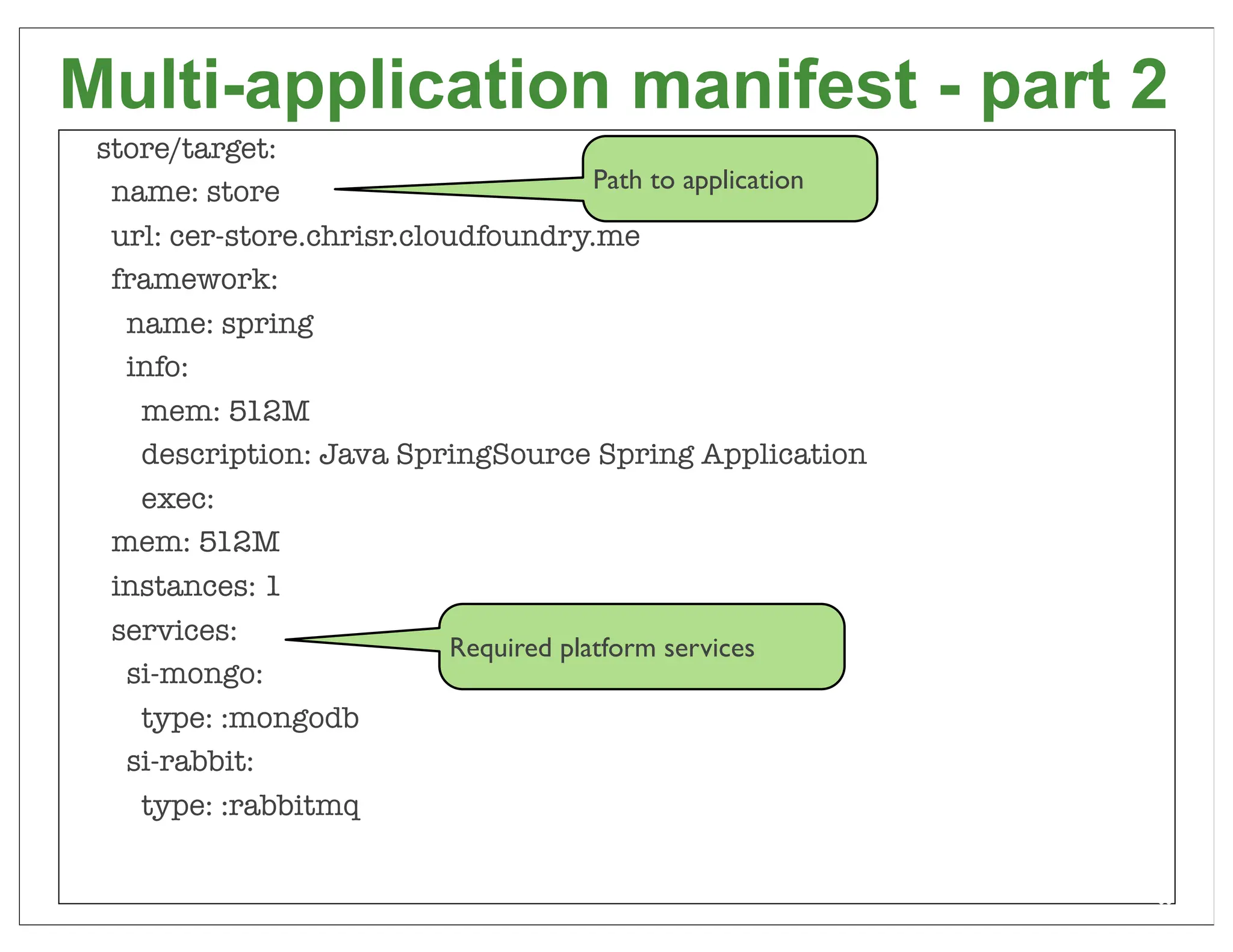 Multi-application manifest - part 2
 store/target:
  name: store                           Path to application

  url: cer-store.chrisr.cloudfoundry.me
  framework:
   name: spring
   info:
    mem: 512M
    description: Java SpringSource Spring Application
    exec:
  mem: 512M
  instances: 1
  services:
                            Required platform services
   si-mongo:
    type: :mongodb
   si-rabbit:
    type: :rabbitmq

                                                              69
 