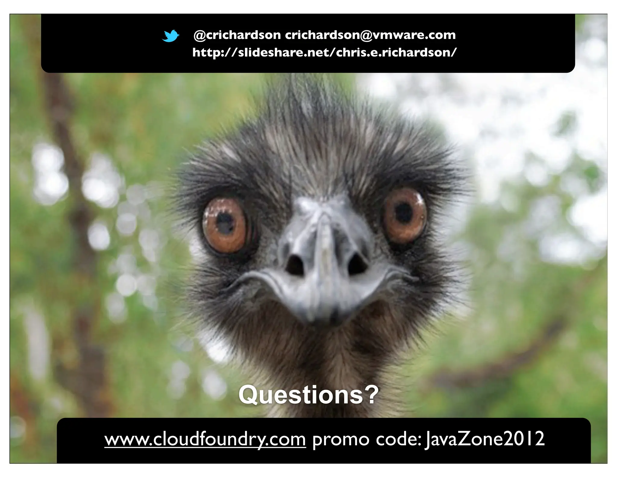 @crichardson crichardson@vmware.com
        http://slideshare.net/chris.e.richardson/




               Questions?
www.cloudfoundry.com promo code: JavaZone2012
 
