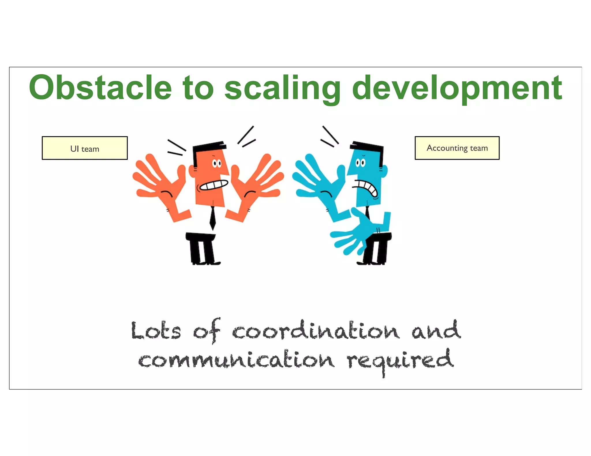Obstacle to scaling development
  UI team                        Accounting team




            Lots of coordination and
             communication required
                                                   19
 
