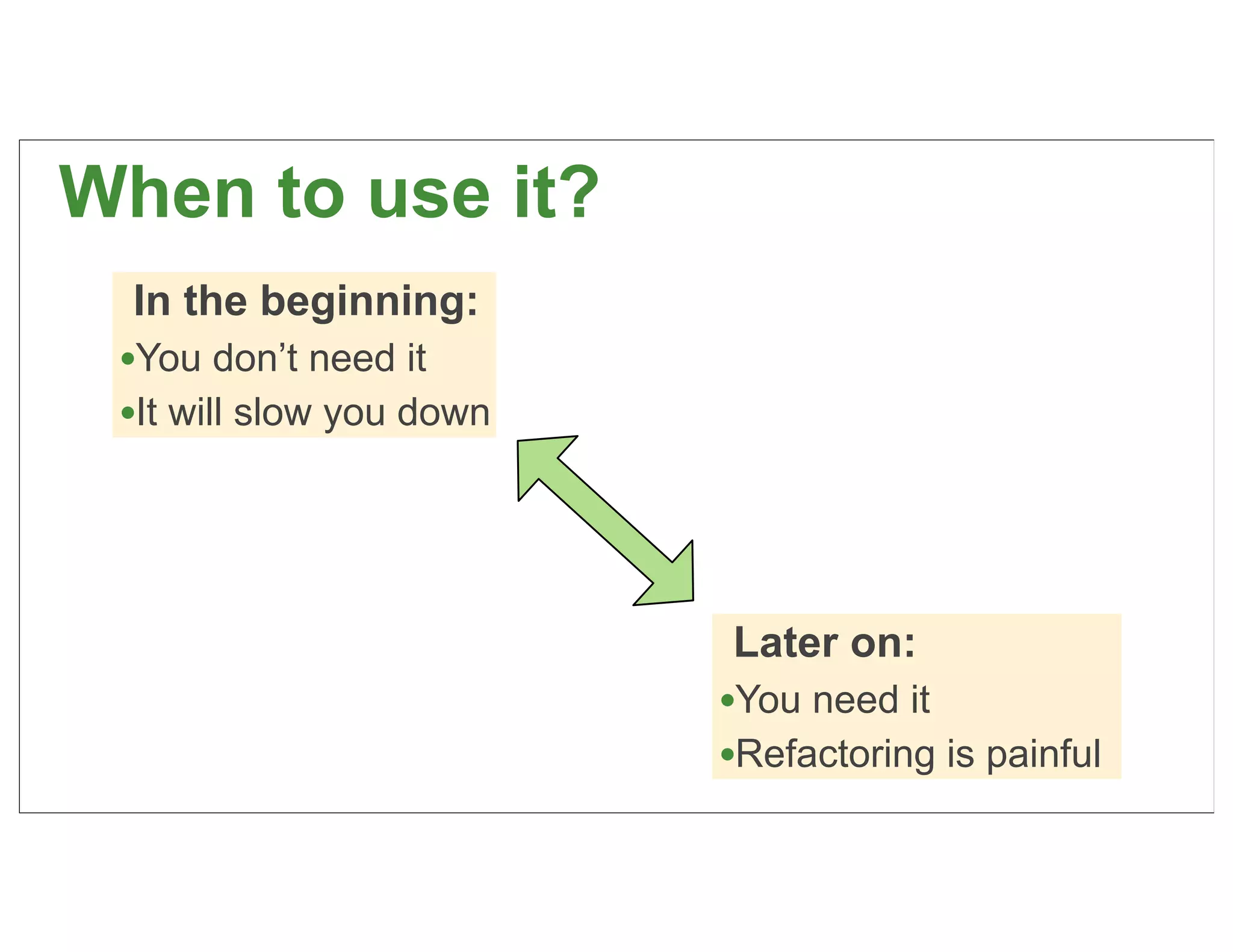 When to use it?
  In the beginning:
 •You don’t need it
 •It will slow you down




                           Later on:
                          •You need it
                          •Refactoring is painful
                                                    31
 