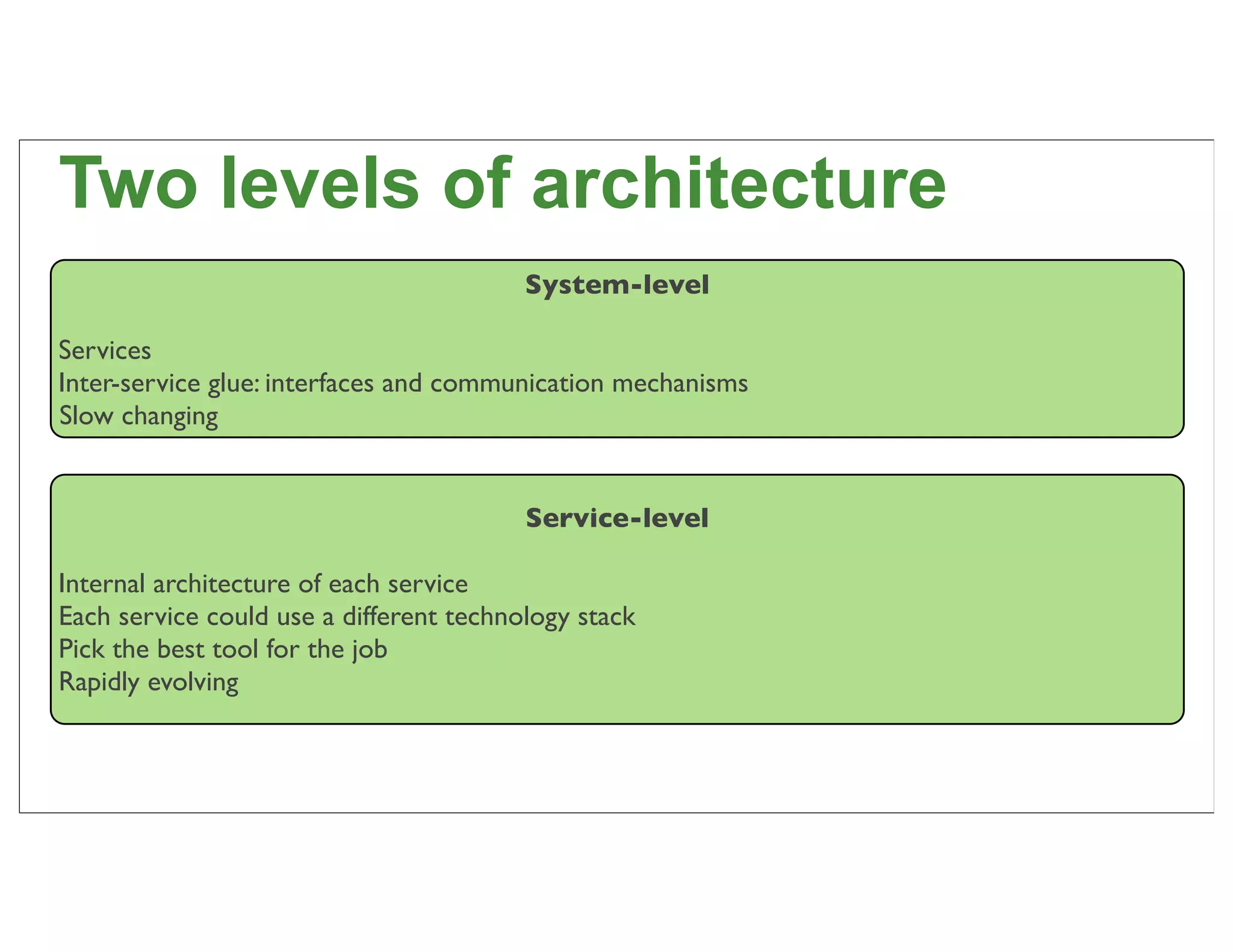 Two levels of architecture
                                         System-level

Services
Inter-service glue: interfaces and communication mechanisms
Slow changing


                                         Service-level

Internal architecture of each service
Each service could use a different technology stack
Pick the best tool for the job
Rapidly evolving


                                                              33
 