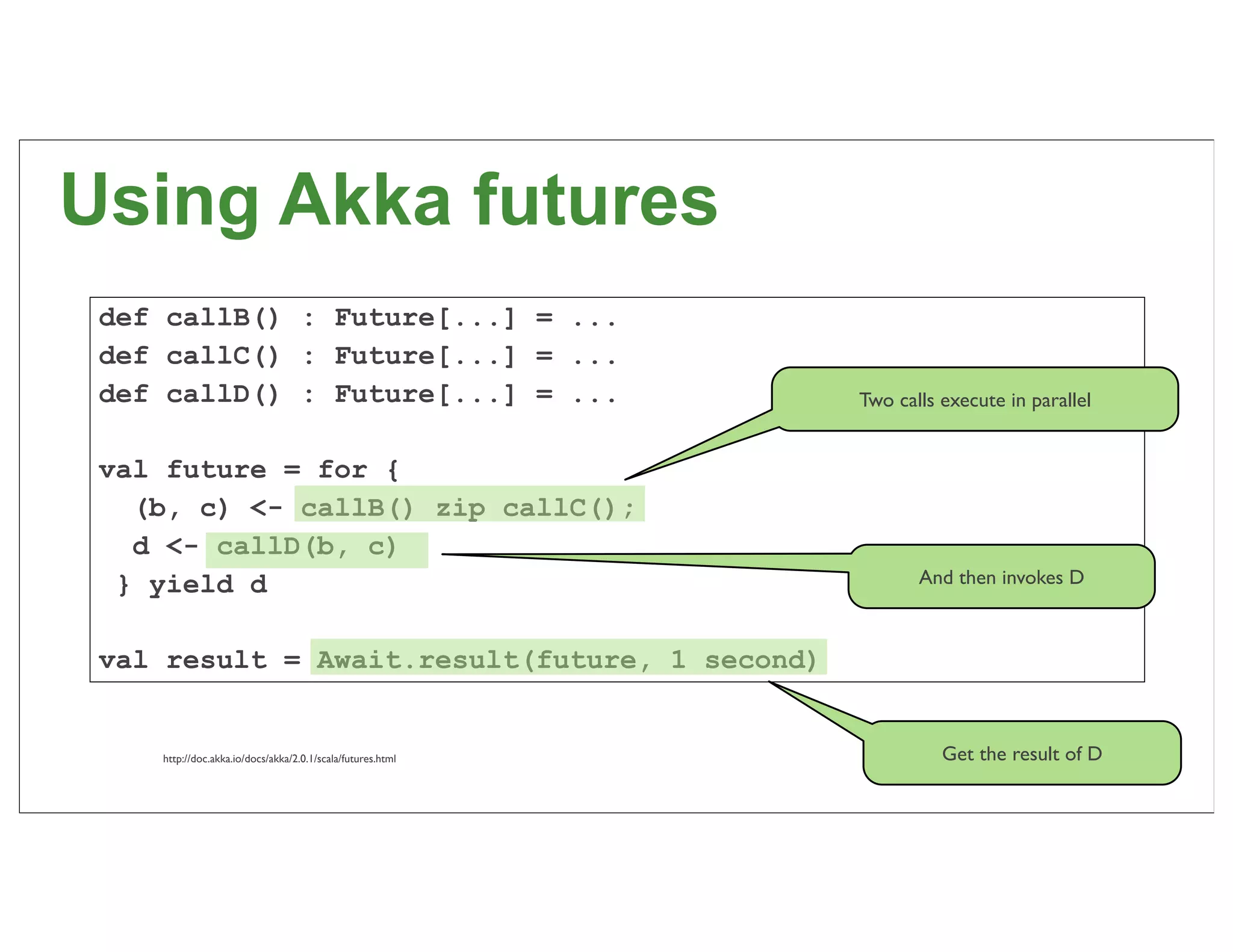 Using Akka futures
 def callB() : Future[...] = ...
 def callC() : Future[...] = ...
 def callD() : Future[...] = ...                            Two calls execute in parallel


 val future = for {
   (b, c) <- callB() zip callC();
   d <- callD(b, c)
  } yield d                                                        And then invokes D



 val result = Await.result(future, 1 second)


    http://doc.akka.io/docs/akka/2.0.1/scala/futures.html             Get the result of D
                                                                                            50
 