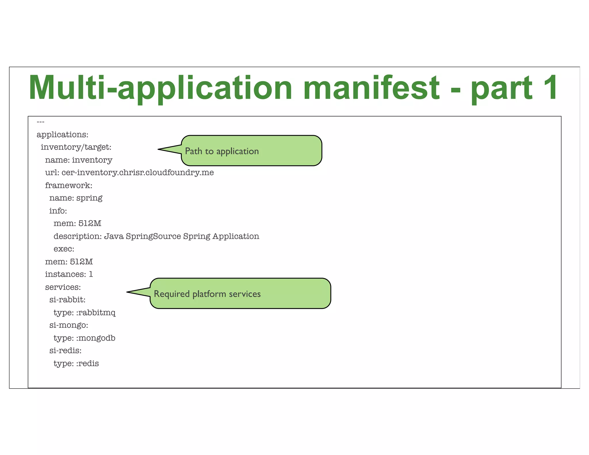 Multi-application manifest - part 1
---
applications:
 inventory/target:
                                       Path to application
      name: inventory
      url: cer-inventory.chrisr.cloudfoundry.me
      framework:
       name: spring
       info:
        mem: 512M
        description: Java SpringSource Spring Application
        exec:
      mem: 512M
      instances: 1
      services:
                                Required platform services
       si-rabbit:
        type: :rabbitmq
       si-mongo:
        type: :mongodb
       si-redis:
        type: :redis
                                                             80
 
