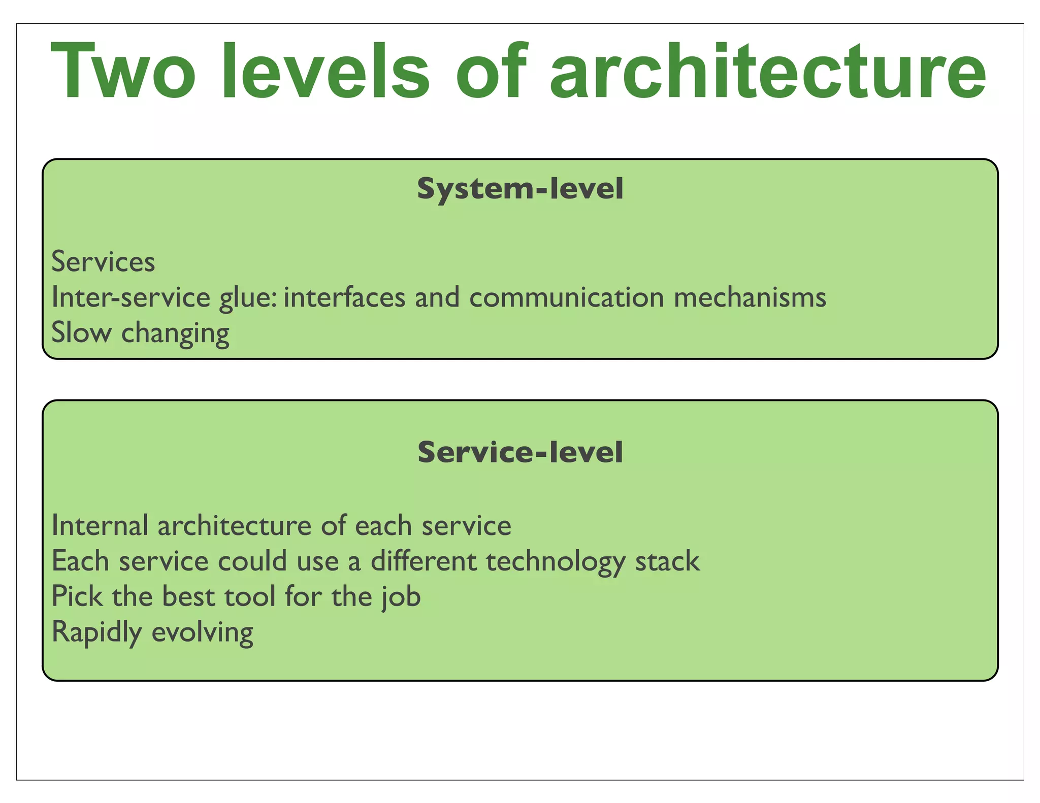 Two levels of architecture
                            System-level

Services
Inter-service glue: interfaces and communication mechanisms
Slow changing


                            Service-level

Internal architecture of each service
Each service could use a different technology stack
Pick the best tool for the job
Rapidly evolving


                                                              33
 