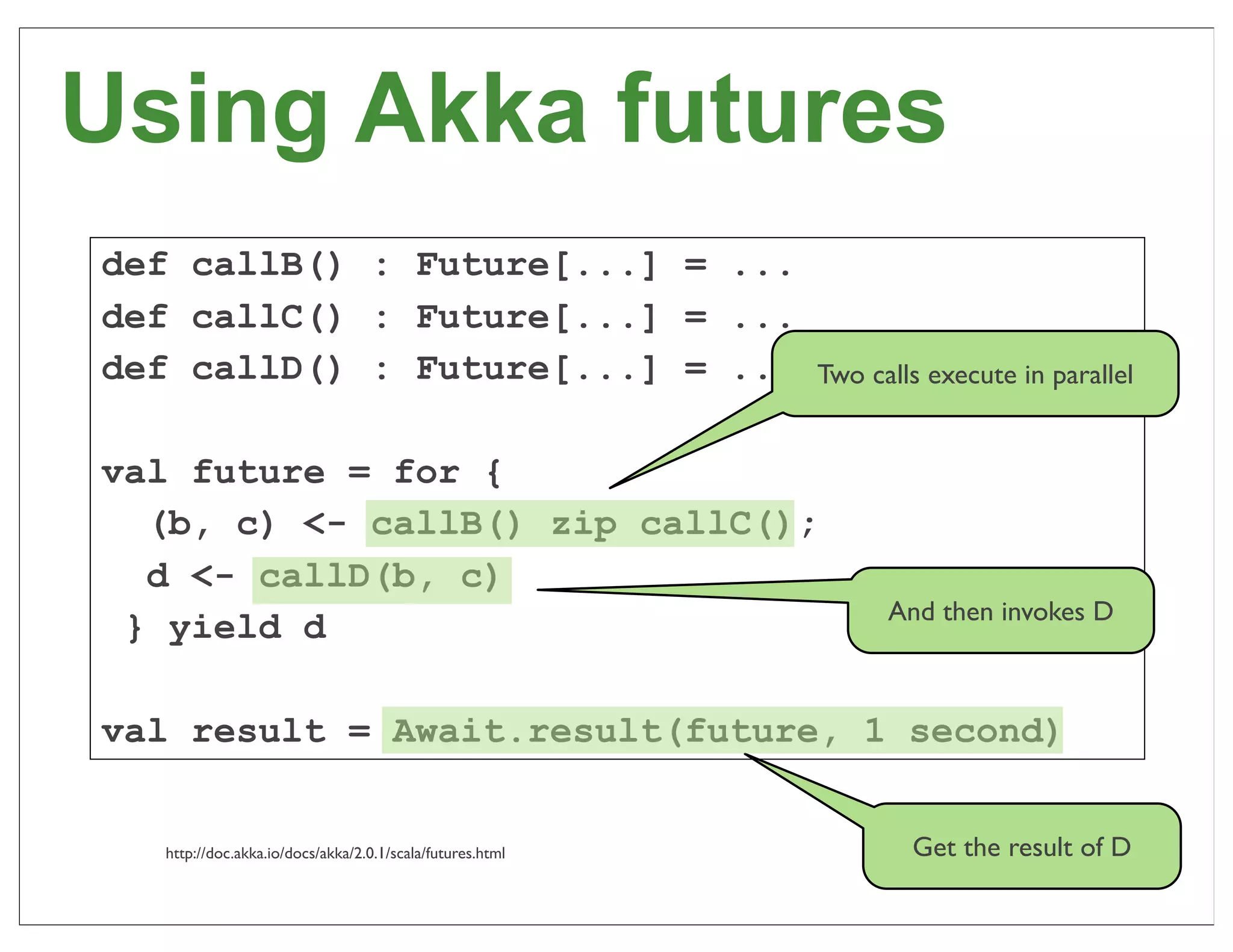 Using Akka futures
def callB() : Future[...] = ...
def callC() : Future[...] = ...
def callD() : Future[...] = ...                           Two calls execute in parallel


val future = for {
  (b, c) <- callB() zip callC();
  d <- callD(b, c)
                                                                And then invokes D
 } yield d

val result = Await.result(future, 1 second)


  http://doc.akka.io/docs/akka/2.0.1/scala/futures.html           Get the result of D
                                                                                          48
 
