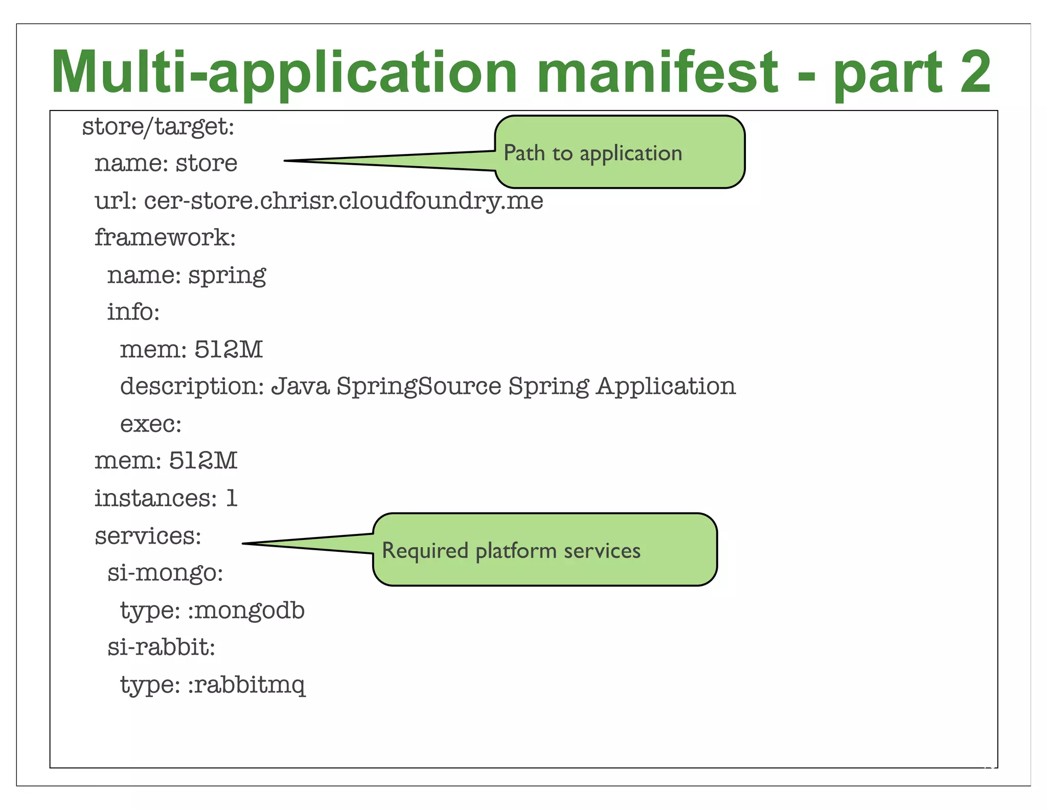 Multi-application manifest - part 2
 store/target:
  name: store                           Path to application

  url: cer-store.chrisr.cloudfoundry.me
  framework:
   name: spring
   info:
    mem: 512M
    description: Java SpringSource Spring Application
    exec:
  mem: 512M
  instances: 1
  services:
                            Required platform services
   si-mongo:
    type: :mongodb
   si-rabbit:
    type: :rabbitmq

                                                              76
 