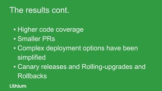 The results cont.
▪ Higher code coverage
▪ Smaller PRs
▪ Complex deployment options have been
simplified
▪ Canary releases and Rolling-upgrades and
Rollbacks
 