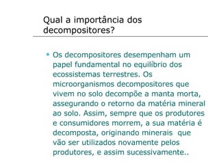 Qual a importância dos decompositores? Os decompositores desempenham um papel fundamental no equilíbrio dos ecossistemas terrestres. Os microorganismos decompositores que vivem no solo decompõe a manta morta, assegurando o retorno da matéria mineral ao solo. Assim, sempre que os produtores e consumidores morrem, a sua matéria é decomposta, originando minerais  que vão ser utilizados novamente pelos produtores, e assim sucessivamente.. 