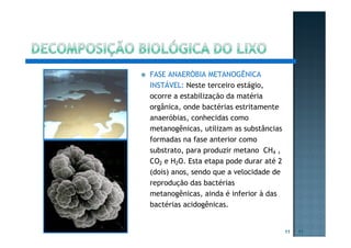 FASE ANAERÓBIA METANOGÊNICA
INSTÁVEL: Neste terceiro estágio,
ocorre a estabilização da matéria
orgânica, onde bactérias estritamente
anaeróbias, conhecidas como
metanogênicas, utilizam as substâncias
formadas na fase anterior como
substrato, para produzir metano CH4 ,
CO2 e H2O. Esta etapa pode durar até 2
(dois) anos, sendo que a velocidade de
reprodução das bactérias
metanogênicas, ainda é inferior à das
bactérias acidogênicas.
11 11
 