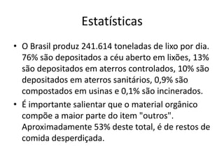 Estatísticas O Brasil produz 241.614 toneladas de lixo por dia. 76% são depositados a céu aberto em lixões, 13% são depositados em aterros controlados, 10% são depositados em aterros sanitários, 0,9% são compostados em usinas e 0,1% são incinerados.É importante salientar que o material orgânico compõe a maior parte do item "outros". Aproximadamente 53% deste total, é de restos de comida desperdiçada.