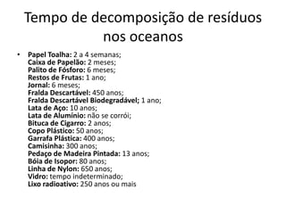 Tempo de decomposição de resíduos nos oceanosPapel Toalha: 2 a 4 semanas;Caixa de Papelão: 2 meses;Palito de Fósforo: 6 meses;Restos de Frutas: 1 ano;Jornal: 6 meses;Fralda Descartável: 450 anos;Fralda Descartável Biodegradável; 1 ano;Lata de Aço: 10 anos;Lata de Alumínio: não se corrói;Bituca de Cigarro: 2 anos;Copo Plástico: 50 anos;Garrafa Plástica: 400 anos;Camisinha: 300 anos;Pedaço de Madeira Pintada: 13 anos;Bóia de Isopor: 80 anos;Linha de Nylon: 650 anos;Vidro: tempo indeterminado;Lixo radioativo: 250 anos ou mais