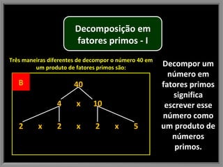 Decompor um número em fatores primos significa escrever esse número como um produto de números primos. Três maneiras diferentes de decompor o número 40 em um produto de fatores primos são: 40 x 10 4 x 2 2 x x 2 5 B Decomposição em fatores primos - I 