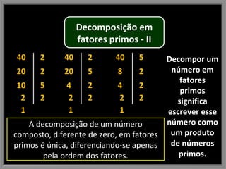 Decompor um número em fatores primos significa escrever esse número como um produto de números primos. 40 1 2 20 10 5 2 2 2 A decomposição de um número composto, diferente de zero, em fatores primos é única, diferenciando-se apenas pela ordem dos fatores. 40 1 2 20 4 2 5 2 2 40 1 2 8 4 2 2 5 2 Decomposição em fatores primos - II 