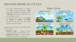 3
BIOGEOCHEMICAL CYCLES
The term biogeochemical is derived
from “bio” meaning biosphere, “geo”
meaning the geological components and
“chemical” meaning the elements that
move through a cycle.
A biogeochemical cycle is the process
of moving or rotation of matter
throughout the biotic and the abiotic
spheres of the ecosystem.
Biogeochemical cycles are basically divided
into two types:
Gaseous cycles – Includes Carbon,
Oxygen, Nitrogen, and the Water cycle.
Sedimentary cycles – Includes Sulphur,
Phosphorus, calcium, iron cycle etc.
Water Cycle
Nitrogen Cycle
Oxygen Cycle
Carbon Cycle
Major Cycles
 
