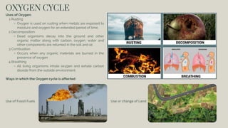 OXYGEN CYCLE
Uses of Oxygen:
Rusting
1.
Oxygen is used on rusting when metals are exposed to
moisture and oxygen for an extended period of time.
Decomposition
2.
Dead organisms decay into the ground and other
organic matter along with carbon, oxygen, water and
other components are returned in the soil and air.
Combustion
3.
Occurs when any organic materials are burned in the
presence of oxygen
Breathing
4.
All living organisms inhale oxygen and exhale carbon
dioxide from the outside environment.
Ways in which the Oxygen cycle is affected
Use of Fossil Fuels Use or change of Land
 