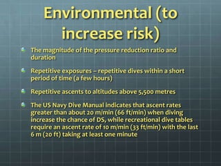 Environmental (to increase risk)The magnitude of the pressure reduction ratio and duration Repetitive exposures – repetitive dives within a short period of time (a few hours)Repetitive ascents to altitudes above 5,500 metres The US Navy Dive Manual indicates that ascent rates greater than about 20 m/min (66 ft/min) when diving increase the chance of DS, while recreational dive tables require an ascent rate of 10 m/min (33 ft/min) with the last 6 m (20 ft) taking at least one minute
