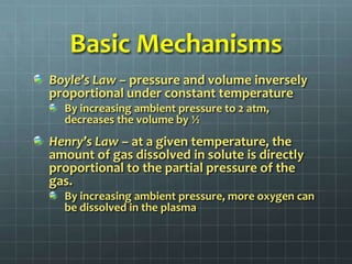 Basic MechanismsBoyle’s Law – pressure and volume inversely proportional under constant temperatureBy increasing ambient pressure to 2 atm, decreases the volume by ½ Henry’s Law – at a given temperature, the amount of gas dissolved in solute is directly proportional to the partial pressure of the gas.By increasing ambient pressure, more oxygen can be dissolved in the plasma