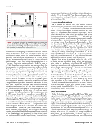 WEINER ET AL




                                                                            limitations, our findings provide useful physiological data before
                                                                            and after DC for elevated ICP. These data may be used to better
                                                                            time when patients undergo DC and to better identify which
                                                                            patients undergo DC.
                                                                            Decompressive Craniectomy
                                                                               DC is not new, but in recent years, there has been increased
                                                                            interest in using this procedure to control elevated ICP after severe
                                                                            TBI.22-24,26,28,30-32 Previous studies demonstrated an improve-
                                                                            ment in a variety of physiological parameters, including ICP, com-
                                                                            pliance, ICP indexes such as cerebrospinal compensatory reserve
                                                                            and cerebrovascular reactivity, brain oxygen, and metabolic param-
                                                                            eters measured by cerebral microdialysis.34,35,37,64 These physio-
                                                                            logical improvements are often greater in those patients who
                                                                            subsequently have a favorable outcome. Our findings are consis-
 FIGURE 2. Histograms illustrating the number of minutes each patient had   tent with and extend these observations. In particular, we show
 evidence of mild (PbtO2, 15–20 mm Hg), moderate (PbtO2 10–15 mm Hg),       that DC decreases the TIL and that the CIB as estimated by the
 or severe (PbtO2 ≤ 10 mm Hg) brain hypoxia (or cumulative ischemic bur-    cumulative time that PbtO2 is less than threshold. These findings
 den) before and after decompressive craniectomy (DC).                      are important because the TIL represents in part a measure of how
                                                                            “sick” the brain is and whether there is any compensatory reserve.
have a matched control group for comparison. Second, our sam-               Knowing the TIL may allow better patient selection for DC and
ple size of 10 patients is small. Third, our selection criteria may have    more targeted therapy for increased ICP. In addition, our data
introduced bias toward patients with edema (and elevated ICP) that          imply, but do not prove, that early DC may reduce the likelihood
developed slowly or who were likely to survive. In addition, because        of secondary ischemic or hypoxic injury in the brain.
the data were examined retrospectively, we cannot exclude the                  Despite these various physiological studies, the effect of DC
possibility that a surgical decision was made or influenced by              on clinical outcome after TBI is not yet defined and is presently
PbtO2 even though our institutional policy for DC is based on               being studied in 2 randomized trials (RescueICP and DECRA).
ICP. We also did not examine patients who had prophylactic DC               Data from randomized stroke studies suggest that DC in TBI
after evacuation of mass lesions; thus, we do not know whether              patients should improve outcome.65 However, even after the ran-
the findings apply to all patients who undergo DC. Fourth, the study        domized trials, there are likely to be several unanswered questions.
was performed on patients treated at a single institution, so it may        In particular, the optimal time to perform a DC for brain edema
lack external validity. However, our data reflect a patient popula-         and elevated ICP is not precisely known. This is important because
tion managed according to an ICU protocol that is similar to pro-           all medical therapies for elevated ICP, decreased CPP, and DC
tocols in use at many other institutions. Fifth, the PbtO2 monitor          also have side effects, and although ICP may be reduced, outcome
we used measures local PbtO2 and may not always reflect global              may not always be improved.7,17-22 Our data may help decide
brain oxygenation. However, studies have shown that PbtO2 indi-             when to perform DC for cerebral edema after TBI, ie, when the
cates global brain oxygen when the monitor is located in the unin-          TIL or the duration of compromised PbtO2 is increased. Whether
jured brain,62 as it was in our study. Sixth, direct comparison of          these parameters are useful to select patients for DC, whether
preoperative and postoperative ICP and PbtO2 values may be sub-             there is a specific threshold for TIL or PbtO2, and whether trends
ject to unavoidable errors because the monitors after DC are never          should be used require further study.
in the exact same location as before surgery. Seventh, our method
to calculate a CIB reflects collection of data most commonly used           Brain Oxygen and DC
in ICUs around the world, ie, a manual entry onto an ICU flow                  Today, the decision to perform a delayed DC after TBI is based
sheet every 15 minutes. It is conceivable that more subtle find-            largely on elevated ICP (> 20 mm Hg) that is not controlled by
ings may have been apparent if area-under-the-curve analysis had            medical means. However, ICP is more than a number, and under-
been used. However, this method frequently uses interpolation               standing the regulatory processes for ICP and indexes that reflect
to account for missing data or times between records that exceed            compensatory reserve may permit better selection of patients for
a certain threshold.63 Finally, because DC was performed at dif-            surgery.12 The evolving concept of multimodality monitoring in
ferent time points after TBI, it is conceivable that further bias was       neurointensive care and, in particular, the use of PbtO2 monitors
introduced because CBF and PbtO2 may change over time. However,             to complement ICP data also may help select patients for DC in
we did use mixed-effects models51 that account for the random               a timely and targeted manner. This requires further study. For
variation associated with individual patients and the varying lengths       example, is the patient with controlled ICP but decreased PbtO2
of time for which they were monitored. For these various reasons,           or decreasing PbtO2 a candidate for DC? Use of PbtO2 data to
our findings should be regarded as preliminary, but despite these           complement ICP may be important because it is well know that



1116 | VOLUME 66 | NUMBER 6 | JUNE 2010                                                                             www.neurosurgery-online.com
 