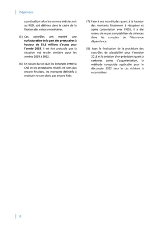 Dépenses
8
coordination selon les normes arrêtées soit
au RGD, soit définies dans le cadre de la
fixation des valeurs monétaires.
(5) Ces contrôles ont montré une
surfacturation de la part des prestataires à
hauteur de 35,9 millions d’euros pour
l’année 2018. Il est fort probable que la
situation est restée similaire pour les
années 2019 à 2022.
(6) En raison du fait que les échanges entre la
CNS et les prestataires relatifs ne sont pas
encore finalisés, les montants définitifs à
restituer ne sont donc pas encore fixés.
(7) Face à ces incertitudes quant à la hauteur
des montants finalement à récupérer et
après concertation avec l’IGSS, il a été
retenu de ne pas comptabiliser de créances
dans les comptes de l’Assurance
dépendance.
(8) Avec la finalisation de la procédure des
contrôles de plausibilité pour l’exercice
2018 et la création d’un précédant quant à
certaines zones d’argumentation, la
méthode comptable applicable pour le
décompte 2022 sera le cas échéant à
reconsidérer.
 