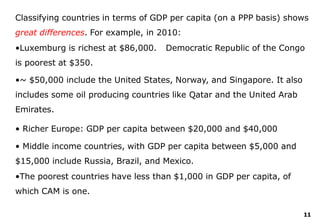 11
Classifying countries in terms of GDP per capita (on a PPP basis) shows
great differences. For example, in 2010:
•Luxemburg is richest at $86,000. Democratic Republic of the Congo
is poorest at $350.
•~ $50,000 include the United States, Norway, and Singapore. It also
includes some oil producing countries like Qatar and the United Arab
Emirates.
• Richer Europe: GDP per capita between $20,000 and $40,000
• Middle income countries, with GDP per capita between $5,000 and
$15,000 include Russia, Brazil, and Mexico.
•The poorest countries have less than $1,000 in GDP per capita, of
which CAM is one.
 