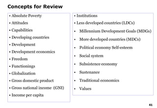 41
Concepts for Review
• Absolute Poverty
• Attitudes
• Capabilities
• Developing countries
• Development
• Development economics
• Freedom
• Functionings
• Globalization
• Gross domestic product
• Gross national income (GNI)
• Income per capita
• Institutions
• Less developed countries (LDCs)
• Millennium Development Goals (MDGs)
• More developed countries (MDCs)
• Political economy Self-esteem
• Social system
• Subsistence economy
• Sustenance
• Traditional economics
• Values
 