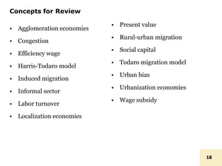 Concepts for Review
18
• Agglomeration economies
• Congestion
• Efficiency wage
• Harris-Todaro model
• Induced migration
• Informal sector
• Labor turnover
• Localization economies
• Present value
• Rural-urban migration
• Social capital
• Todaro migration model
• Urban bias
• Urbanization economies
• Wage subsidy
 