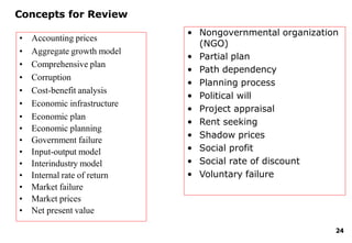 24
Concepts for Review
• Accounting prices
• Aggregate growth model
• Comprehensive plan
• Corruption
• Cost-benefit analysis
• Economic infrastructure
• Economic plan
• Economic planning
• Government failure
• Input-output model
• Interindustry model
• Internal rate of return
• Market failure
• Market prices
• Net present value
• Nongovernmental organization
(NGO)
• Partial plan
• Path dependency
• Planning process
• Political will
• Project appraisal
• Rent seeking
• Shadow prices
• Social profit
• Social rate of discount
• Voluntary failure
 