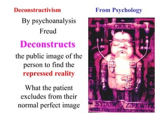 Deconstructivism From Psychology
By psychoanalysis
Freud
Deconstructs
the public image of the
person to find the
repressed reality
What the patient
excludes from their
normal perfect image
 