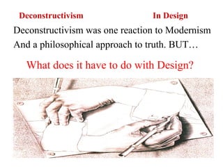 Deconstructivism In Design
Deconstructivism was one reaction to Modernism
And a philosophical approach to truth. BUT…
What does it have to do with Design?
 