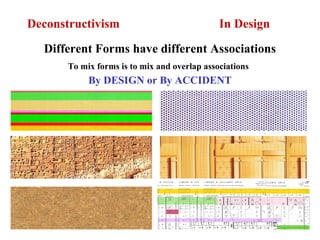 Deconstructivism In Design
Different Forms have different Associations
To mix forms is to mix and overlap associations
By DESIGN or By ACCIDENT
 