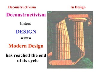 Deconstructivism In Design
Deconstructivism
Enters
DESIGN
****
Modern Design
has reached the end
of its cycle
 