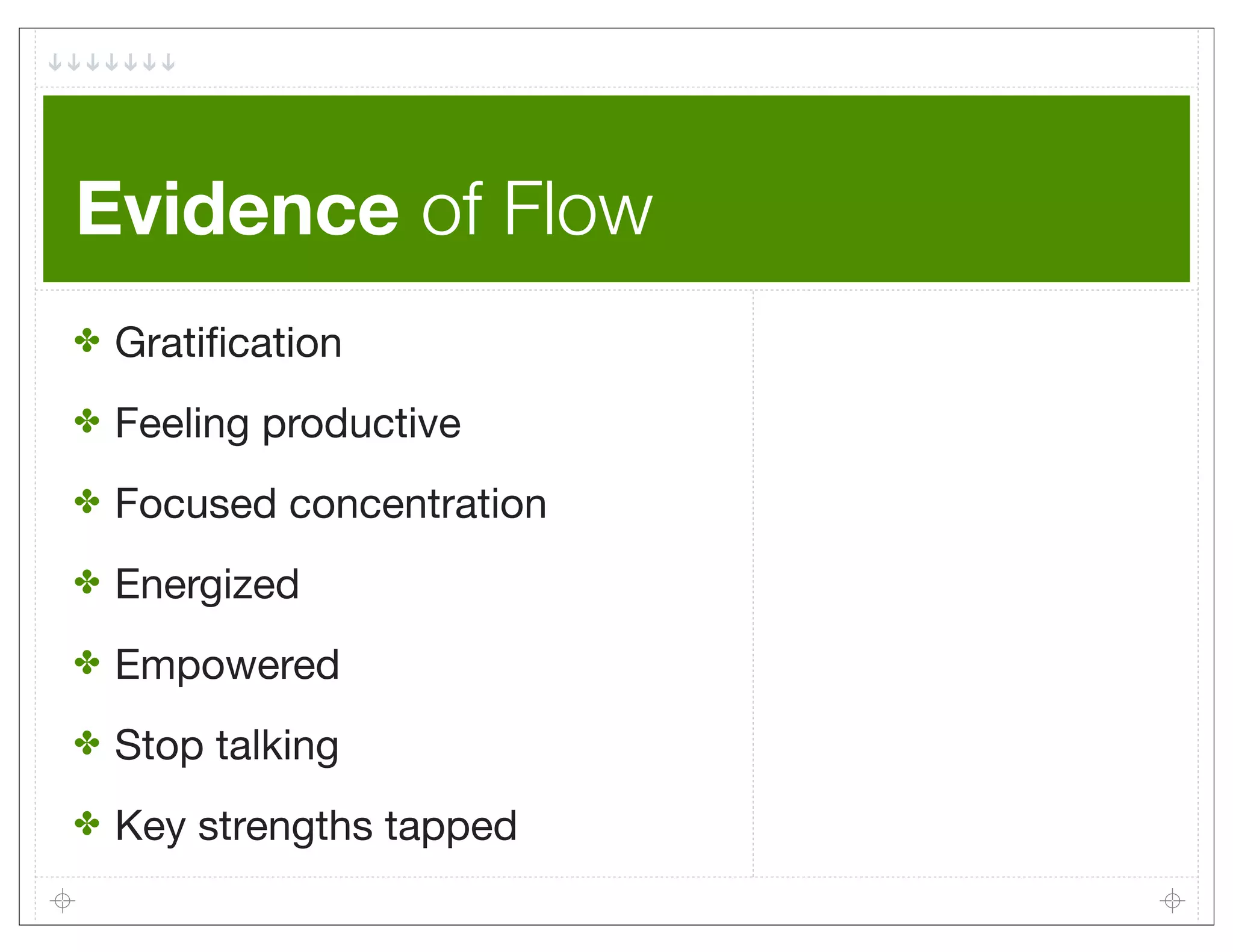 Evidence of Flow
✤   Gratiﬁcation
✤   Feeling productive
✤   Focused concentration
✤   Energized
✤   Empowered
✤   Stop talking
✤   Key strengths tapped
 