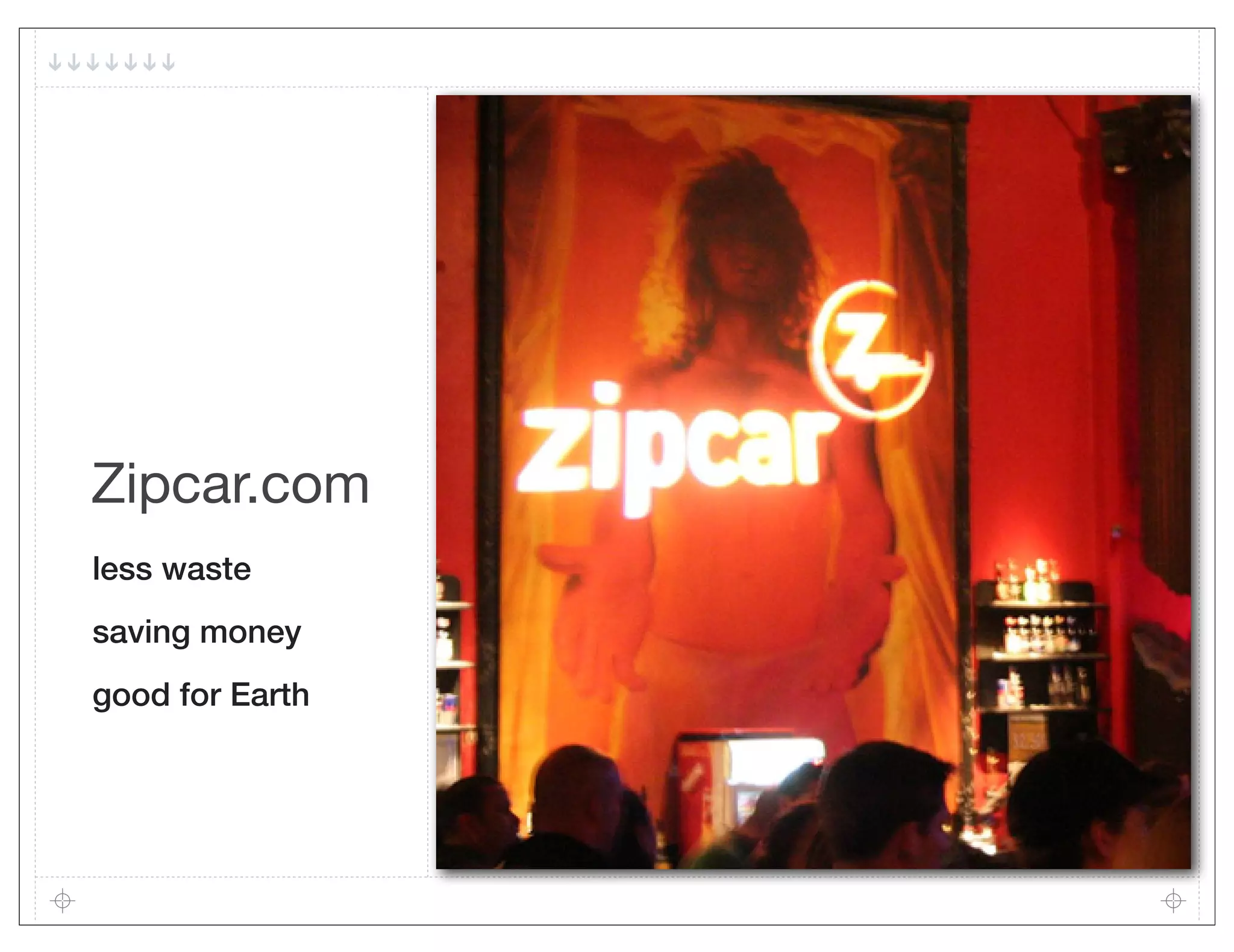 Zipcar.com
less waste
saving money
good for Earth
 