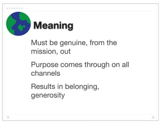 Meaning
Must be genuine, from the
mission, out
Purpose comes through on all
channels
Results in belonging,
generosity
 