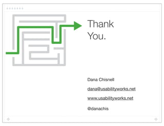 Thank
You.



Dana Chisnell

dana@usabilityworks.net

www.usabilityworks.net

@danachis
 