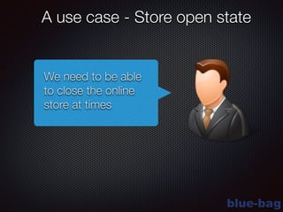 blue-bag
A use case - Store open state
We need to be able
to close the online
store at times
 