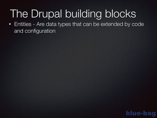 blue-bag
The Drupal building blocks
• Entities - Are data types that can be extended by code
and conﬁguration
 