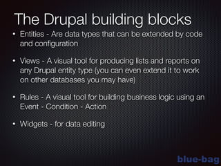 blue-bag
The Drupal building blocks
• Entities - Are data types that can be extended by code
and conﬁguration
• Views - A visual tool for producing lists and reports on
any Drupal entity type (you can even extend it to work
on other databases you may have)
• Rules - A visual tool for building business logic using an
Event - Condition - Action
• Widgets - for data editing
 